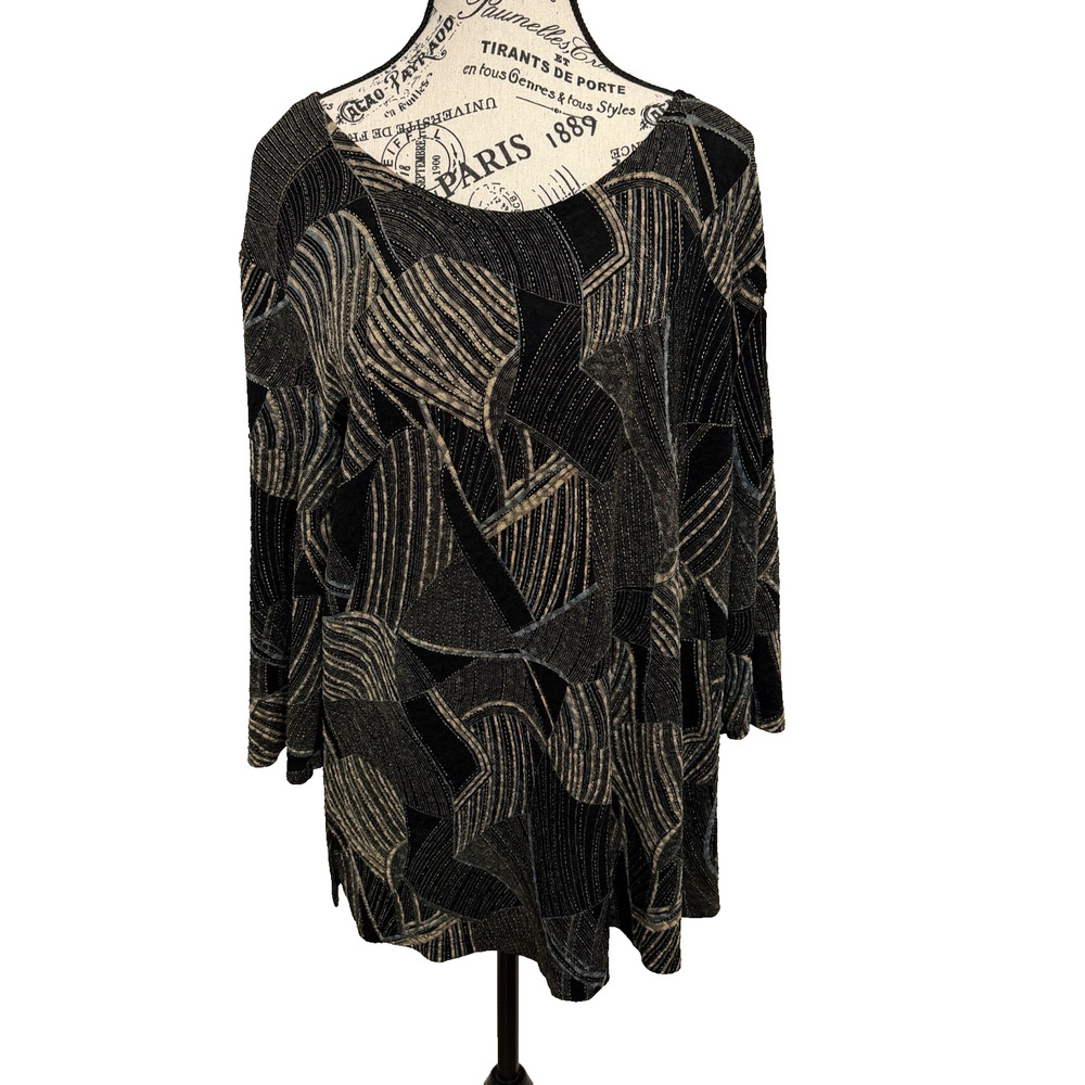 Notations Stretch Women’s Tunic Top Pullover Black Grey Taupe Metallic Size 2X